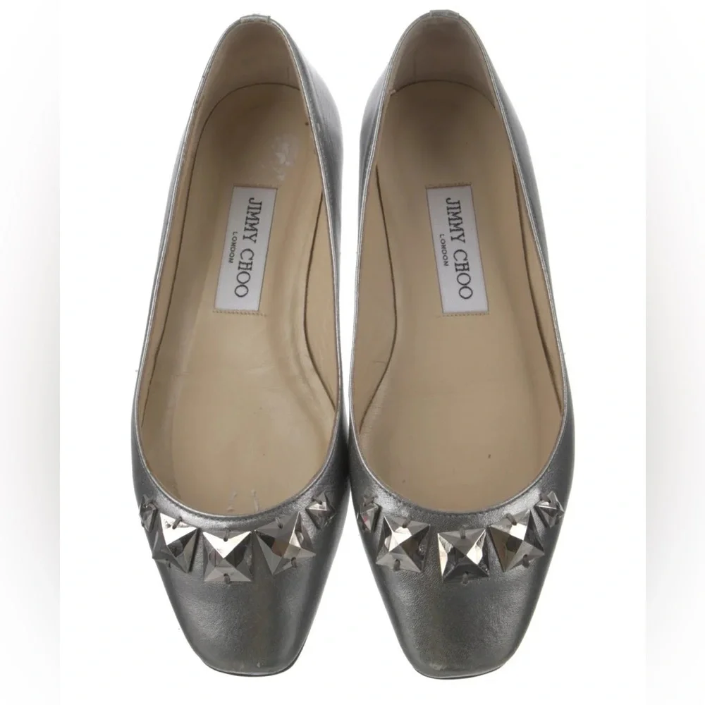 Jimmy Choo Watson Silver Metallic Calf Leather Studded Accents Ballet Flats 37